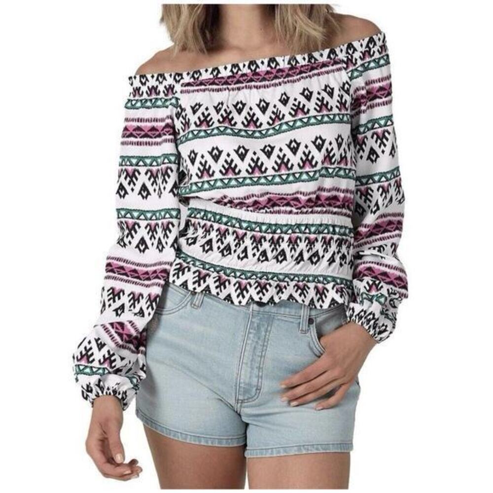 Boho Off-Shoulder Peasant Top - Pink Pattern - Picture 2 of 9